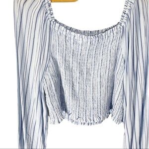 Arizona Long Sleeve Blue Stripe Crop Top with Stretch Bodice SZ XL
